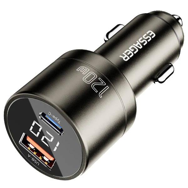 ESSAGER 120W autós töltő, USB-A+Type-C, digitális kijelző, intelligens chip, rugós kialakítás