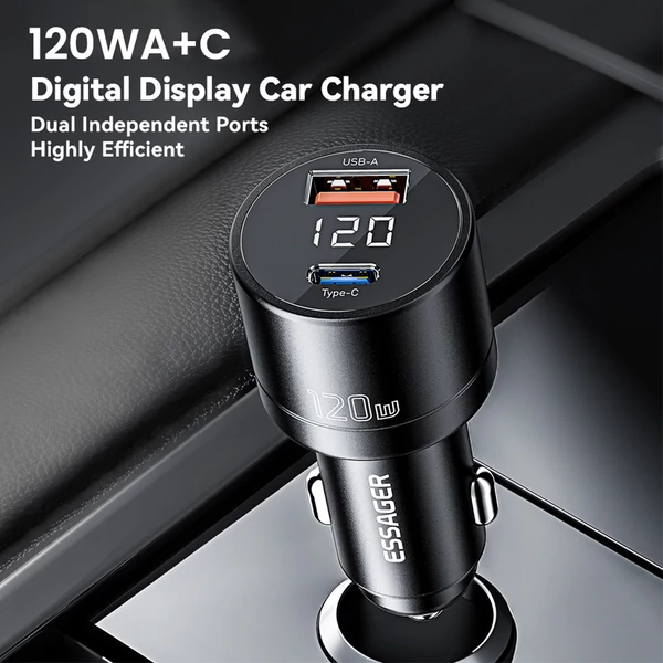 ESSAGER 120W autós töltő, USB-A+Type-C, digitális kijelző, intelligens chip, rugós kialakítás
