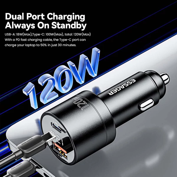 ESSAGER 120W autós töltő, USB-A+Type-C, digitális kijelző, intelligens chip, rugós kialakítás