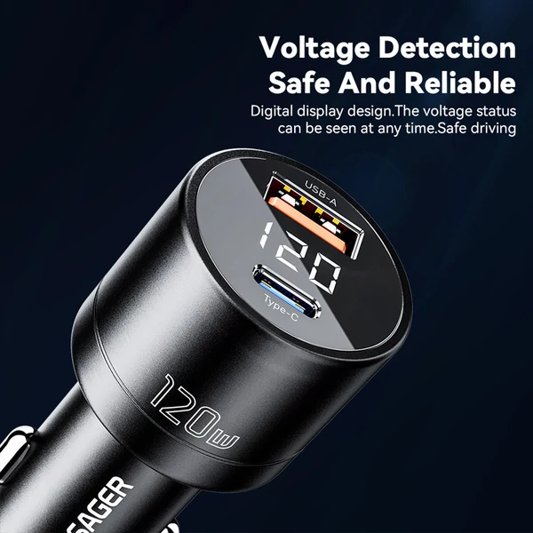 ESSAGER 120W autós töltő, USB-A+Type-C, digitális kijelző, intelligens chip, rugós kialakítás