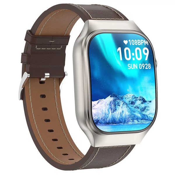 T15 Plus okosóra, 2.01” ívelt érintőkijelző, Bluetooth-hívás, egészségfigyelés, hangvezérlés, 100+ sportmód - ezüst keret, bőrszíj