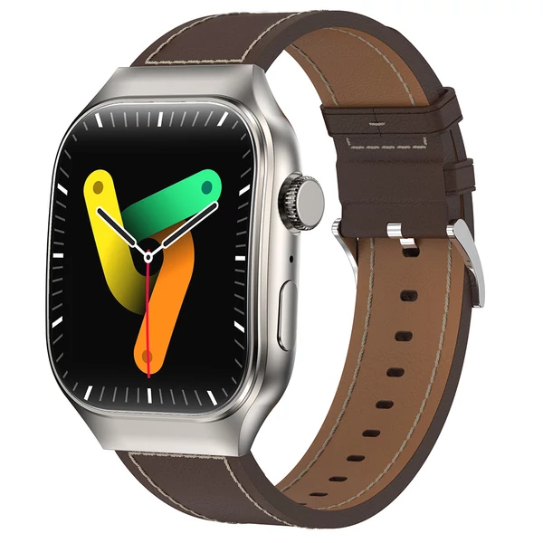 T15 Plus okosóra, 2.01” ívelt érintőkijelző, Bluetooth-hívás, egészségfigyelés, hangvezérlés, 100+ sportmód - ezüst keret, bőrszíj