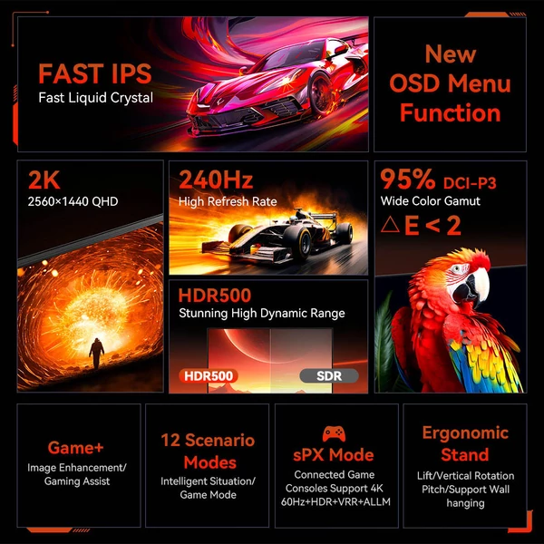 TITAN ARMY P2510S PLUS 24.5" gamer monitor, 2K QHD 240Hz IPS, HDR500, állítható állvány, Adaptive-Sync, szemkímélő mód