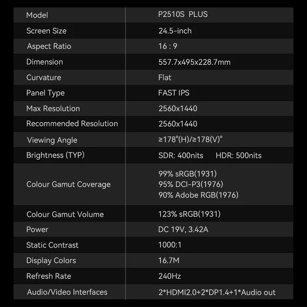 TITAN ARMY P2510S PLUS 24.5" gamer monitor, 2K QHD 240Hz IPS, HDR500, állítható állvány, Adaptive-Sync, szemkímélő mód