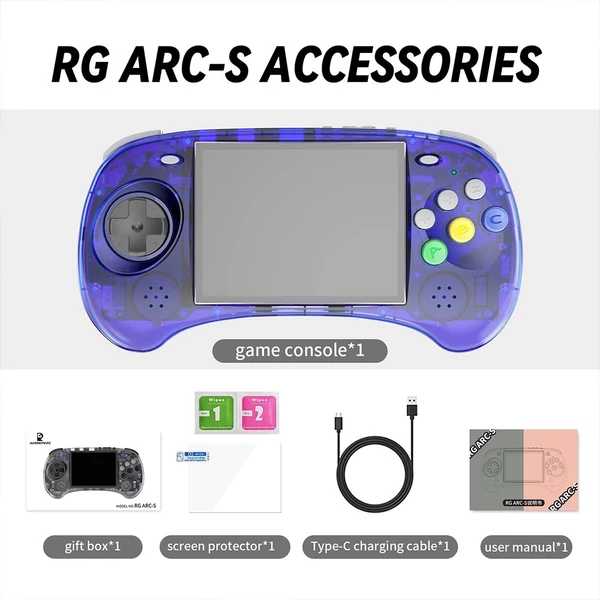 ANBERNIC RG ARC-S retro játékkonzol, Linux OS, 4" érintőkijelző, 1GB+16GB, 5G WiFi, Bluetooth, HDMI - áttetsző kék