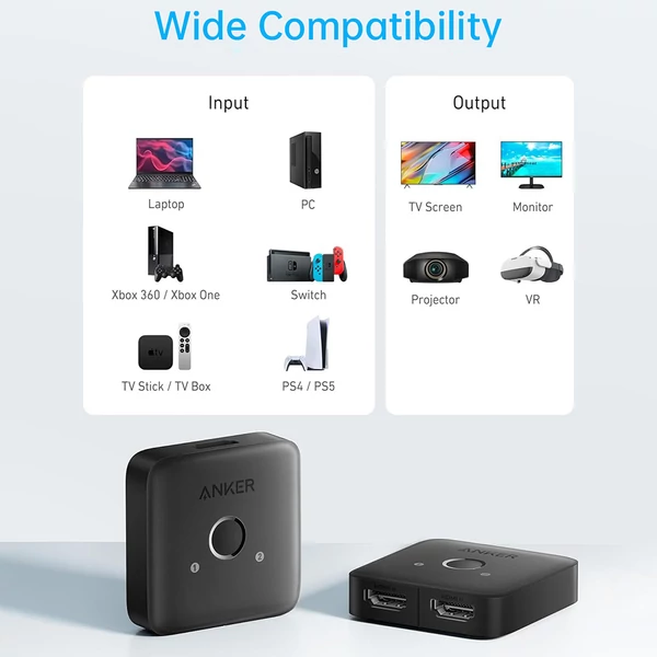 Anker 83H1 2x1 HDMI kapcsoló 4K@60Hz HDR-rel, 3D, Dolby, laptop, PC, Xbox, PS5/PS4 és projektor kompatibilitással