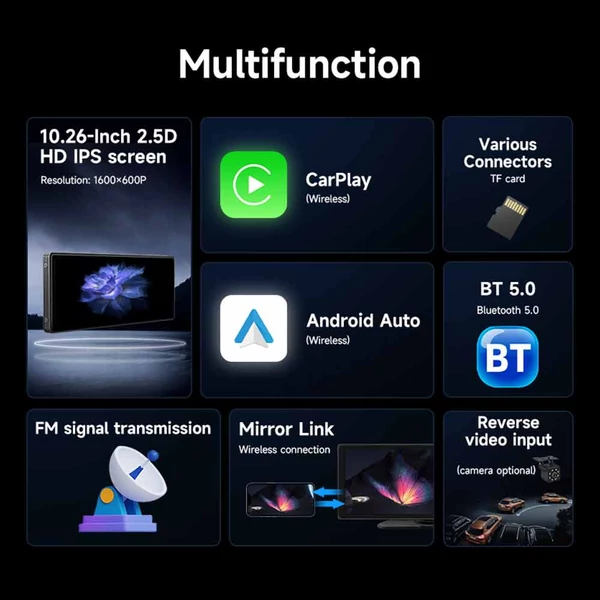 SD102601 10.26" vezeték nélküli CarPlay kijelző Android Auto-val, 1600×600, Bluetooth 5.0, FM/AUX, hangvezérlés, USB/TF kártya támogatás