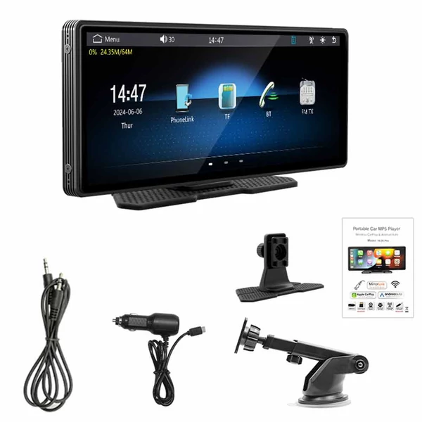 SD102601 10.26" vezeték nélküli CarPlay kijelző Android Auto-val, 1600×600, Bluetooth 5.0, FM/AUX, hangvezérlés, USB/TF kártya támogatás