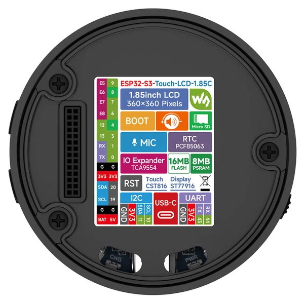 Waveshare ESP32-S3 1.85" LCD fejlesztőpanel, 360×360, 240MHz, Wi-Fi & Bluetooth, AI hangvezérlés