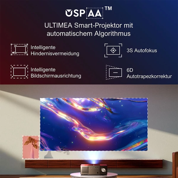 Ultimea Apollo P60 projektor, 900 ANSI lumen, natív 1080P, 30W hangszóró, 4K támogatás, autofókusz, 6D trapézkorrekció, Bluetooth 5.3