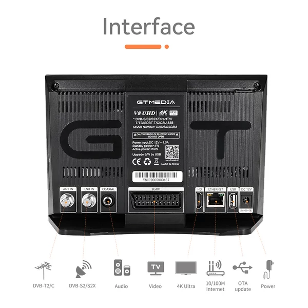 GTMEDIA V8 UHD 4K műholdvevő, DVB-S/S2/S2X, DVB-T/T2/ISDB-T/Kábel/ATSC, beépített WiFi, CA kártya támogatás