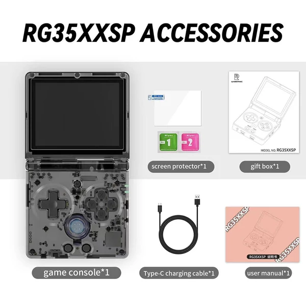 ANBERNIC RG35XXSP felhajtható retro játékkonzol 32+64GB, 5000 játék, 3.5" IPS kijelző, HDMI, WiFi, Bluetooth, 8h üzemidő - Áttetsző fekete