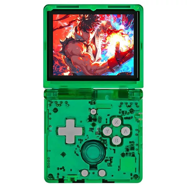 ANBERNIC RG35XXSP felhajtható retro játékkonzol 32+64GB, 5000 játék, 3.5" IPS kijelző, HDMI, WiFi, Bluetooth, 8h üzemidő - Áttetsző zöld