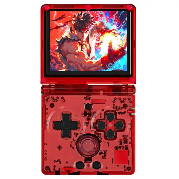 ANBERNIC RG35XXSP felhajtható retro játékkonzol 32+64GB, 5000 játék, 3.5" IPS kijelző, HDMI, WiFi, Bluetooth, 8h üzemidő - Áttetsző piros