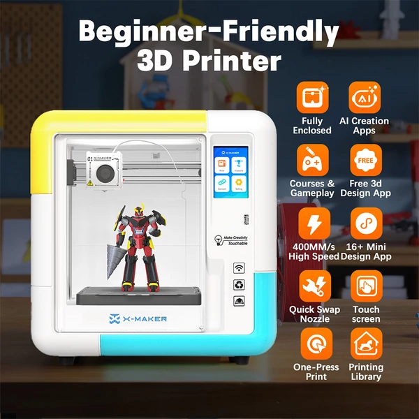 AOSEED X-MAKER AI+ V4.0 zárt 3D nyomtató, nagy pontosságú 0,05 mm, 400 mm/s sebesség, 150×150×150 mm térfogat, Wi-Fi, gyermekbarát