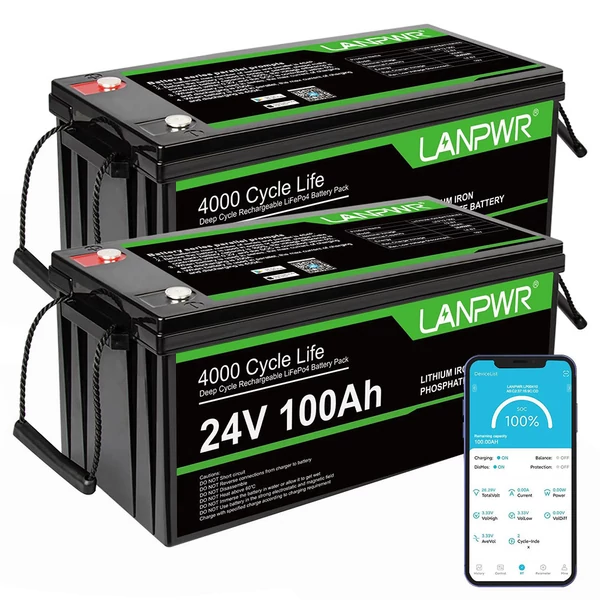 LANPWR 24V 100Ah LiFePO4 akkumulátor Bluetooth 5.0-val, 2560Wh kapacitással, 4000+ ciklussal és beépített 100A BMS-sel
