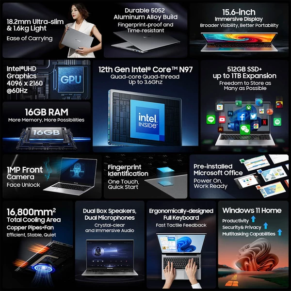 Blackview Acebook 8 laptop, 15.6” Full HD IPS kijelző, Intel N97, 16GB RAM, 512GB SSD, gyors WiFi, Bluetooth, HDMI, USB-C, hosszú üzemidő