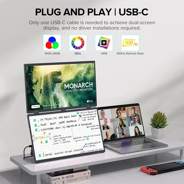 UPERFECT Delta Max 18,5" hordozható dupla kijelző, Full HD IPS, 100Hz, 100% sRGB, hangszóró, 360° állvány, laptop/PC/konzol bővítő