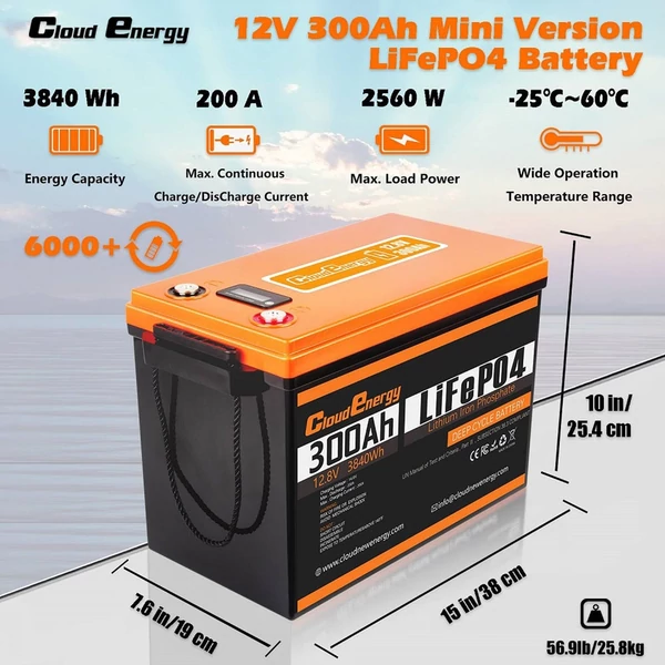 Cloudenergy 12V 300Ah LiFePO4 akkumulátor csomag - 3840Wh tartalékáram, 6000+ ciklus, 200A BMS, sorba/párhuzamosan, RV, hajó, napelem, off-grid