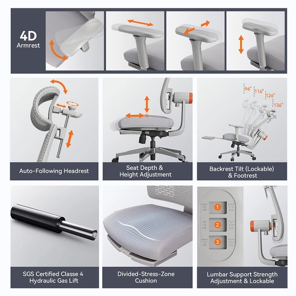 NEWTRAL MagicH-GPro ergonomikus szék lábtartóval és levehető munkaasztallal, szürke