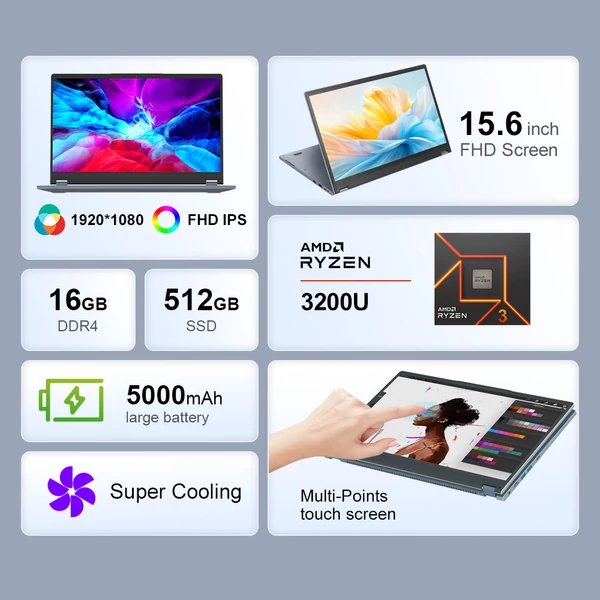 Ninkear YBOOK15 2 az 1-ben laptop, 15.6” érintőképernyő, Ryzen 3, 16GB RAM, 512GB SSD, 360° forgatható kijelző
