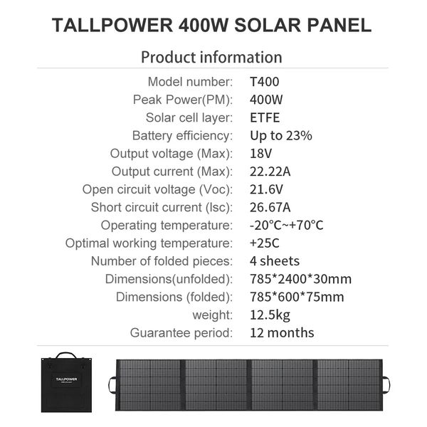 TALLPOWER TP400 400W hordozható napelem panel