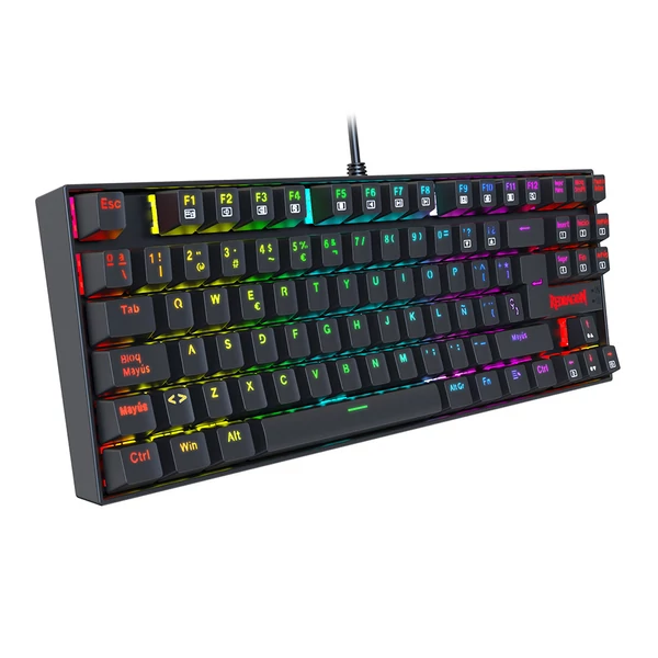 Redragon K552P-KR-ES mechanikus gamer billentyűzet – spanyol kiosztás, 87 gomb, RGB, kék kapcsoló, USB, PC-hez, laptophoz – fekete