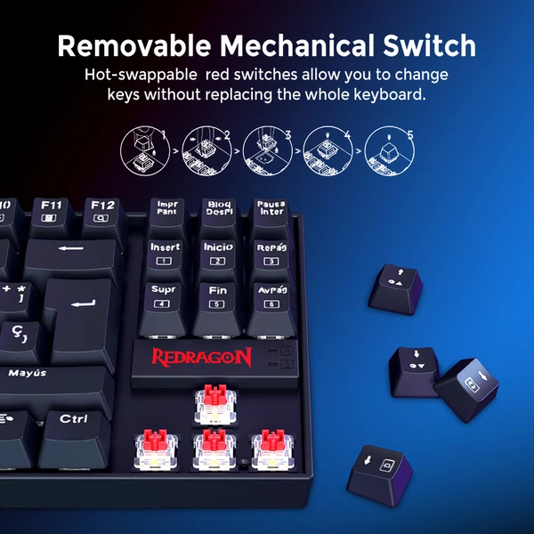Redragon K552P-KR-ES mechanikus gamer billentyűzet – spanyol kiosztás, 87 gomb, RGB, kék kapcsoló, USB, PC-hez, laptophoz – fekete