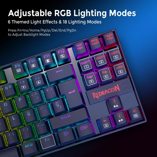 Redragon K552P-KR-ES mechanikus gamer billentyűzet – spanyol kiosztás, 87 gomb, RGB, kék kapcsoló, USB, PC-hez, laptophoz – fekete