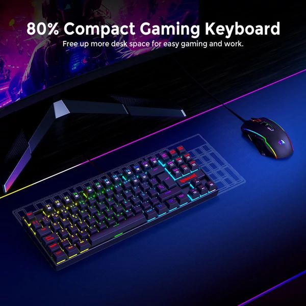 Redragon K552P-KR-ES mechanikus gamer billentyűzet – spanyol kiosztás, 87 gomb, RGB, kék kapcsoló, USB, PC-hez, laptophoz – fekete