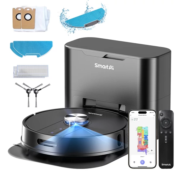 SmartAI S8 Pro robotporszívó dokkolóval, 5000Pa szívóerővel, felmosó funkcióval, 3L portartállyal és hangvezérléssel