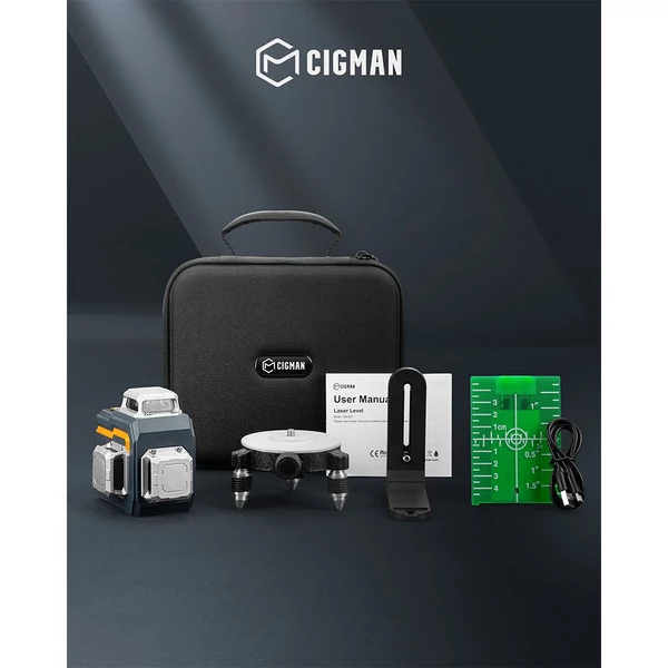 CIGMAN CM-S01 12-vonalas önszintező lézeres szintező – App vezérlés, 3x360°, fokozatmentes fényerő, 30h üzemidő, IP54 vízálló