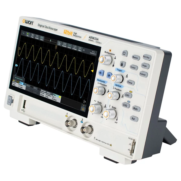 OWON ADS822A digitális oszcilloszkóp, 7" érintőkijelző, 12 bites pontosság, kétcsatornás, 200 MHz, 1.25 GSa/s, nagyfelbontású mérés