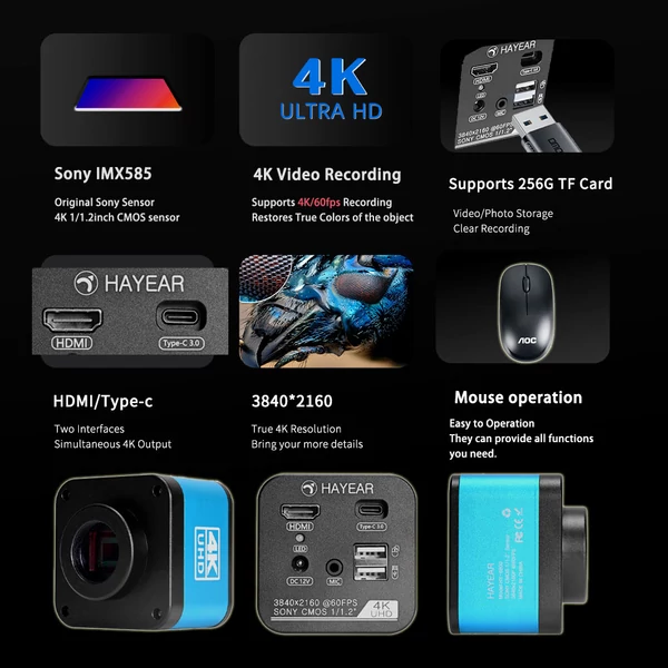 HAYEAR HY-6800 4K mikroszkóp kamera 60FPS-el, ipari digitális C-Mount kamera forrasztáshoz, PCB és telefonjavításhoz