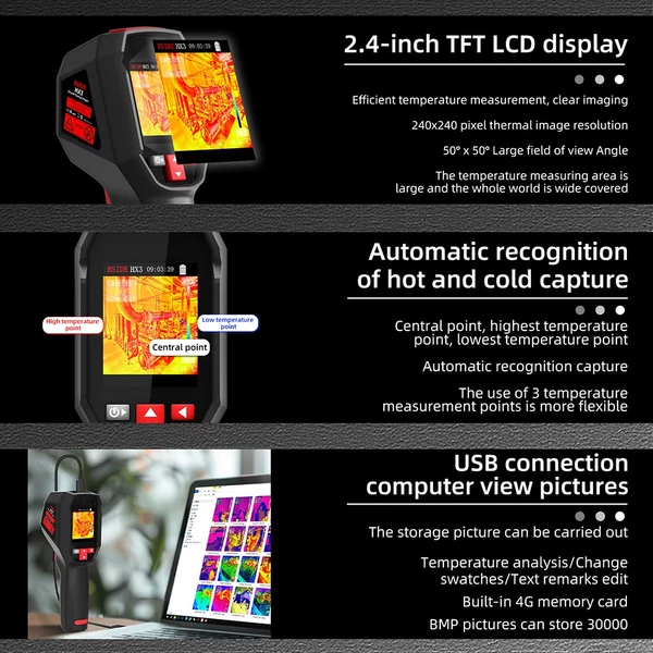 BSIDE HX3 infravörös hőkamera, 2.4" TFT LCD kijelző, 240x240 felbontás, -20°C–550°C hőtartomány, otthoni ellenőrzéshez, HVAC és elektromos rendszerekhez