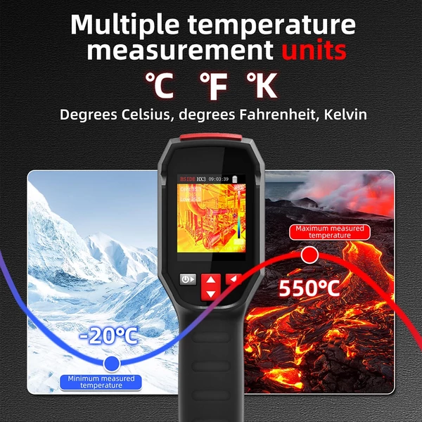 BSIDE HX3 infravörös hőkamera, 2.4" TFT LCD kijelző, 240x240 felbontás, -20°C–550°C hőtartomány, otthoni ellenőrzéshez, HVAC és elektromos rendszerekhez