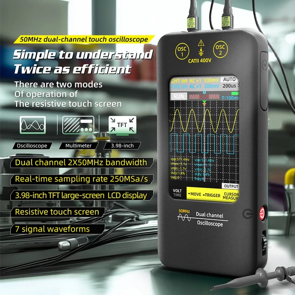 BSIDE O2 kétcsatornás oszcilloszkóp, 50 MHz sávszélesség, 250 MSa/s mintavétel, 3,98" TFT LCD, 7 jelhullámforma