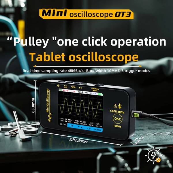 BSIDE OT3 digitális oszcilloszkóp 3,2" színes kijelzővel, 10 MHz sávszélességgel, 48 MSa/s mintavételezéssel, akkumulátoros, autószereléshez és szervizmunkákhoz