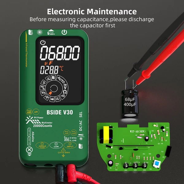 BSIDE V30 fotovoltaikus multiméter, 1500V magas feszültség, TRMS, 20000 számlálás, LCD, DC teszt, infrás hőmérés, elektronikai karbantartás