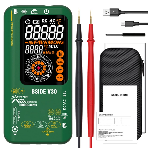 BSIDE V30 fotovoltaikus multiméter, 1500V magas feszültség, TRMS, 20000 számlálás, LCD, DC teszt, infrás hőmérés, elektronikai karbantartás
