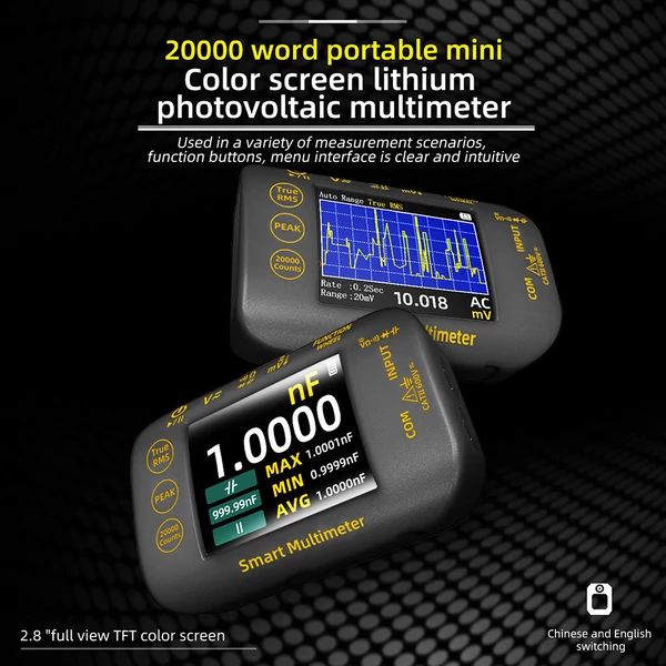 BSIDE S450 digitális multiméter – 20000 érték, 1000V, 2.8" LCD kijelző, grafikus rögzítés, Type-C töltés, fotovoltaikus feszültségmérő
