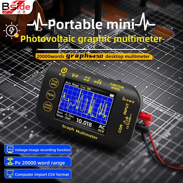 BSIDE S450 digitális multiméter – 20000 érték, 1000V, 2.8" LCD kijelző, grafikus rögzítés, Type-C töltés, fotovoltaikus feszültségmérő