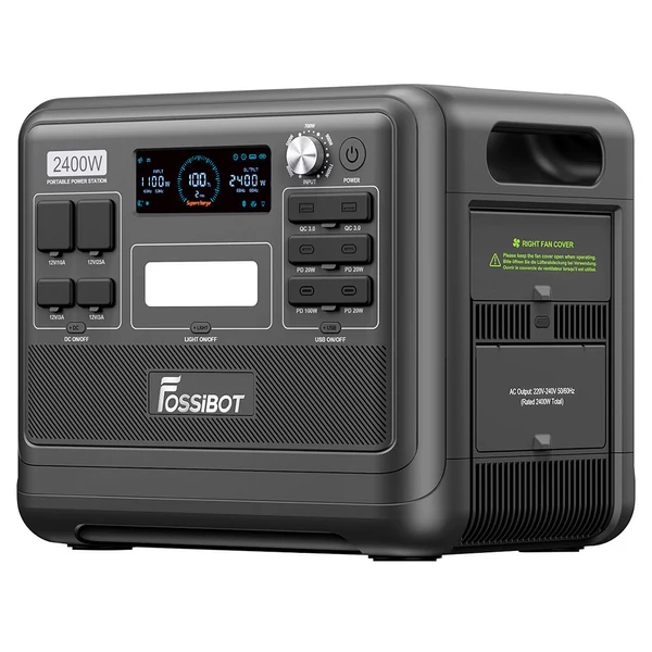FOSSiBOT F2400 hordozható erőmű, 2048Wh LiFePO4 akkumulátor, 2400W napelem generátor, gyors töltés - fekete