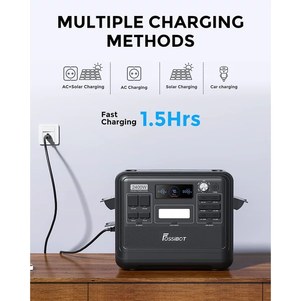 FOSSiBOT F2400 hordozható erőmű, 2048Wh LiFePO4 akkumulátor, 2400W napelem generátor, gyors töltés - fekete