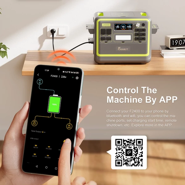 FOSSiBOT F2400 hordozható erőmű, 2048Wh LiFePO4 akkumulátor, 2400W napelem generátor, gyors töltés - fekete