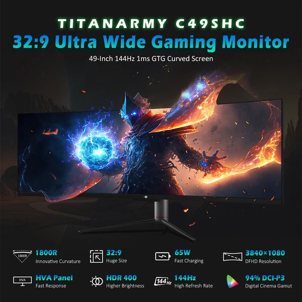 TITAN ARMY C49SHC 49” ívelt gaming monitor, 144Hz, 32:9 ultraszéles, 3840×1080, USB-C, HDMI, PBP/PIP, Adaptive-Sync, 65W töltés