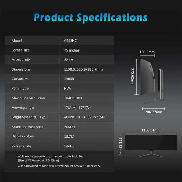 TITAN ARMY C49SHC 49” ívelt gaming monitor, 144Hz, 32:9 ultraszéles, 3840×1080, USB-C, HDMI, PBP/PIP, Adaptive-Sync, 65W töltés