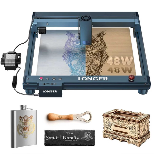 Longer Laser B1 44W-48W lézer gravírozó és vágó, 36000 mm/perc, 40 mm hársfa / 50 mm akril vágás, légszivattyú, 8 biztonsági védelem, 450x440 mm