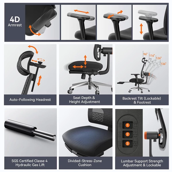 NEWTRAL MagicH-BPro ergonomikus szék lábtartóval, automatikus háttámla-fejtámla követéssel, deréktámasszal, állítható kartámasszal - fekete