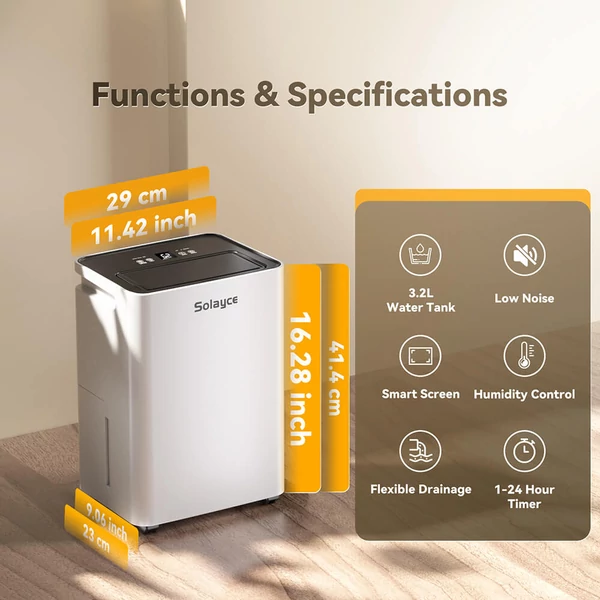 Solayce PD12R-02EE páramentesítő 12L/nap, 3.2L tartály, digitális kijelző, 35㎡-ig, időzítő, ideális hálószobába, pincébe, garázsba, konyhába, ruhaszárításhoz